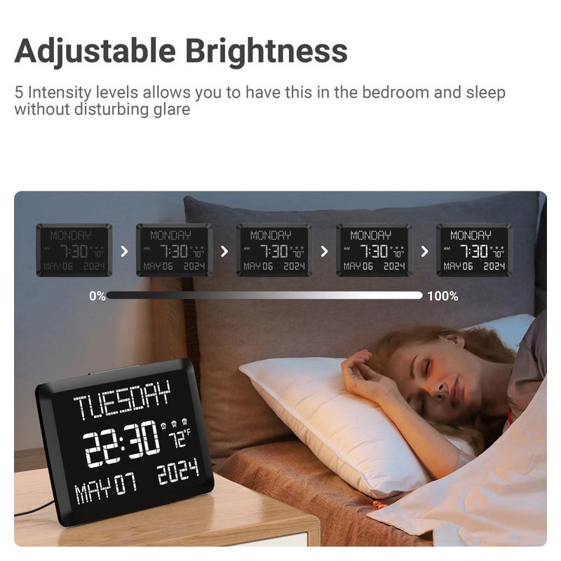 Mesqool 11.5â€ Digital Wall Clock with Date,Time,Week,Indoor Temperature,3 Alarms,5 Dimmer,2 USB Chargers,Battery Backup,Snooze,12/24H for Elderly,Parents,Impaired Vision,Dementia,Memory Loss,Office,Bedroom - Image 4